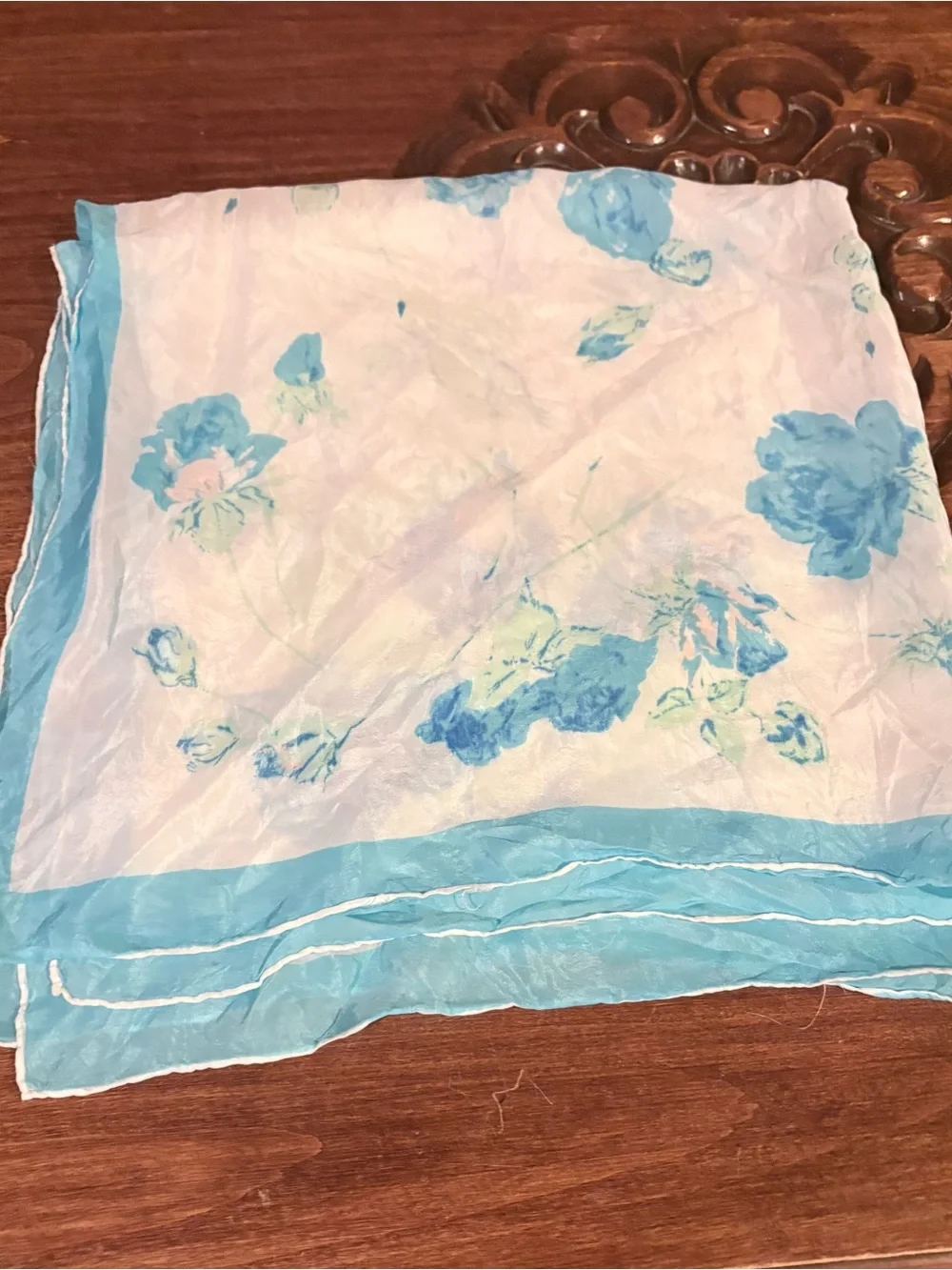 Vintage 1950s Light Blue Floral Silk Scarf.